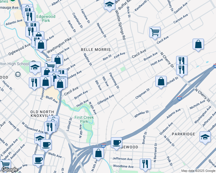 map of restaurants, bars, coffee shops, grocery stores, and more near 1809 9th Avenue in Knoxville