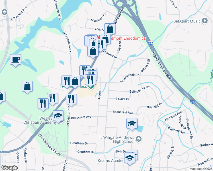 map of restaurants, bars, coffee shops, grocery stores, and more near 2100 Arden Place in High Point