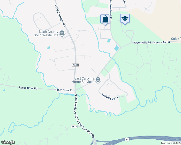 map of restaurants, bars, coffee shops, grocery stores, and more near 1578 Trailwood Drive in Rocky Mount