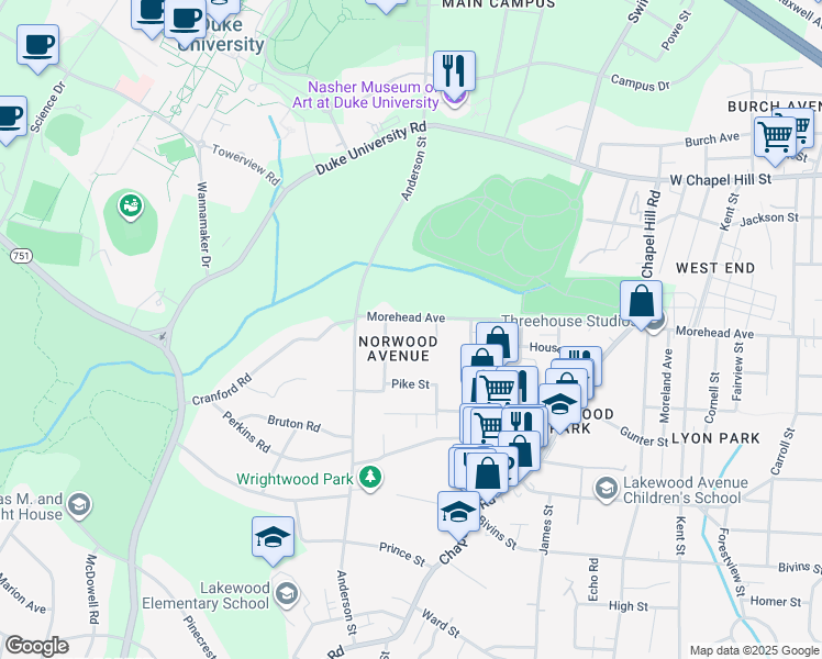 map of restaurants, bars, coffee shops, grocery stores, and more near 1001 Norwood Avenue in Durham