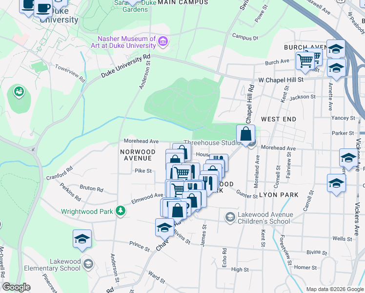 map of restaurants, bars, coffee shops, grocery stores, and more near 1925 Morehead Avenue in Durham