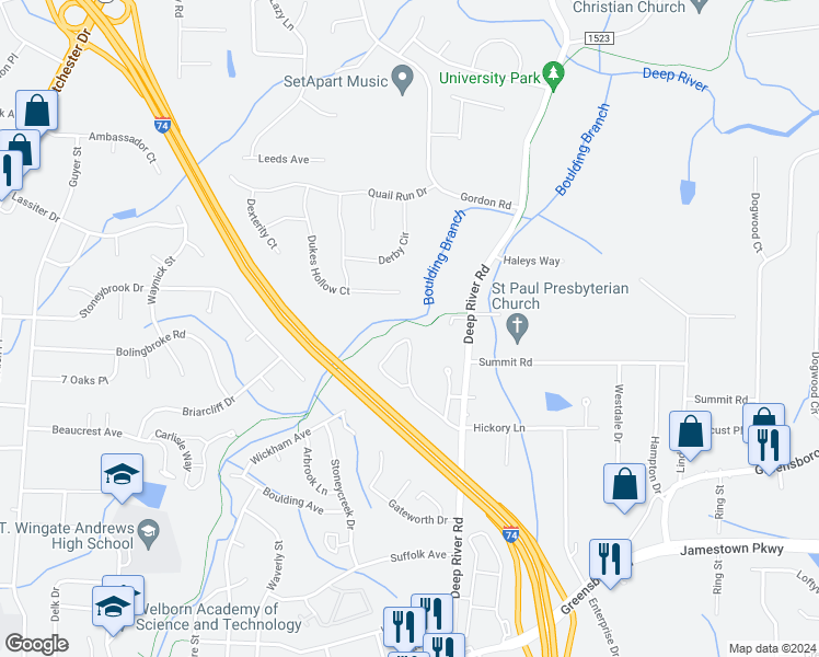 map of restaurants, bars, coffee shops, grocery stores, and more near 2820 Water Stone Loop in High Point