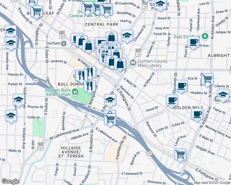 map of restaurants, bars, coffee shops, grocery stores, and more near in Durham