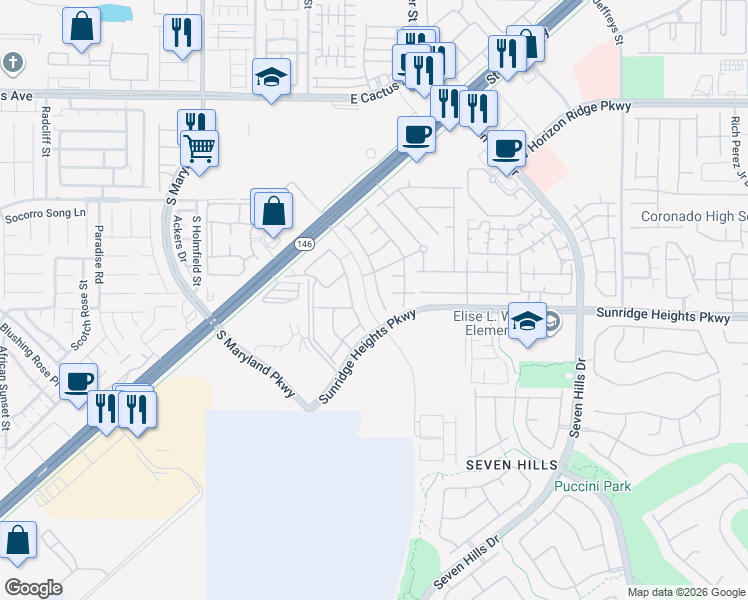 map of restaurants, bars, coffee shops, grocery stores, and more near 985 Bluebell Brook Street in Henderson