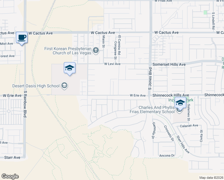 map of restaurants, bars, coffee shops, grocery stores, and more near Shinnecock Hills Ave in Las Vegas