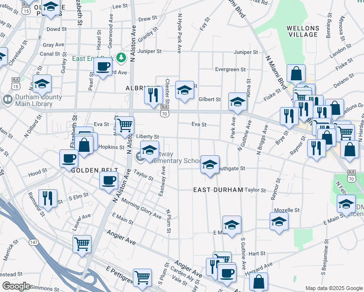 map of restaurants, bars, coffee shops, grocery stores, and more near 611 North Hyde Park Avenue in Durham