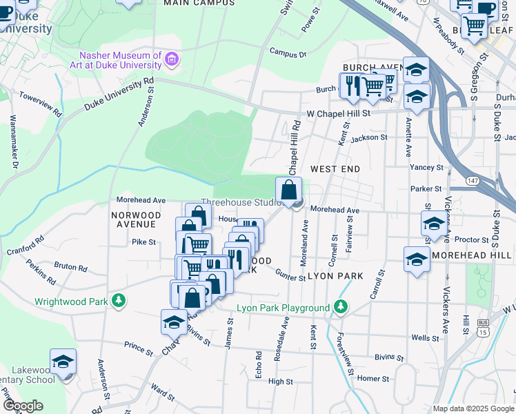 map of restaurants, bars, coffee shops, grocery stores, and more near 1739 Morehead Avenue in Durham