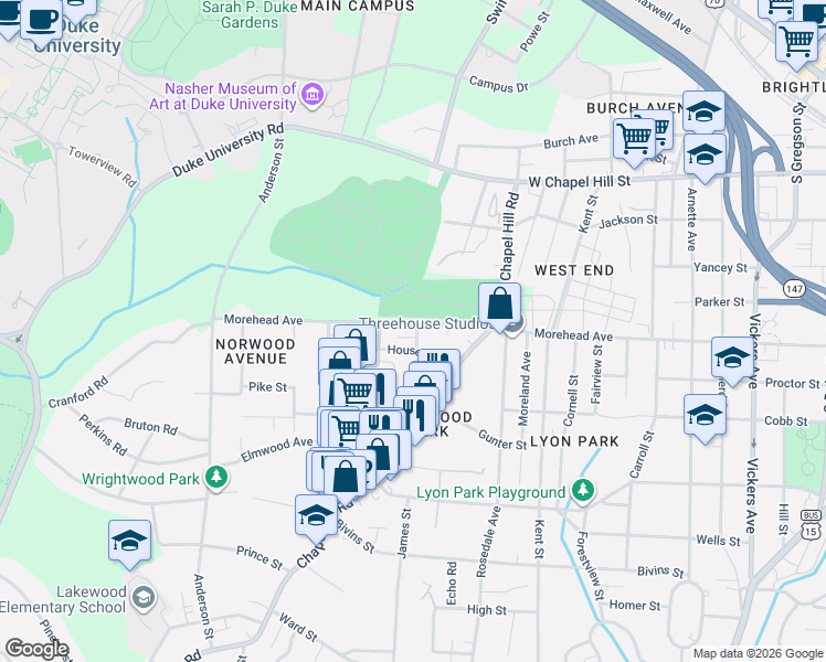 map of restaurants, bars, coffee shops, grocery stores, and more near 1807 Morehead Avenue in Durham