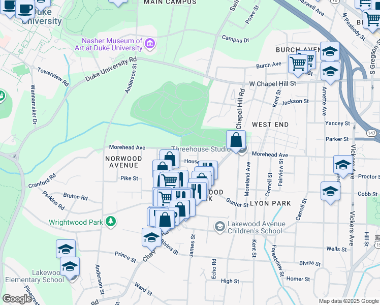 map of restaurants, bars, coffee shops, grocery stores, and more near 1807 Morehead Avenue in Durham