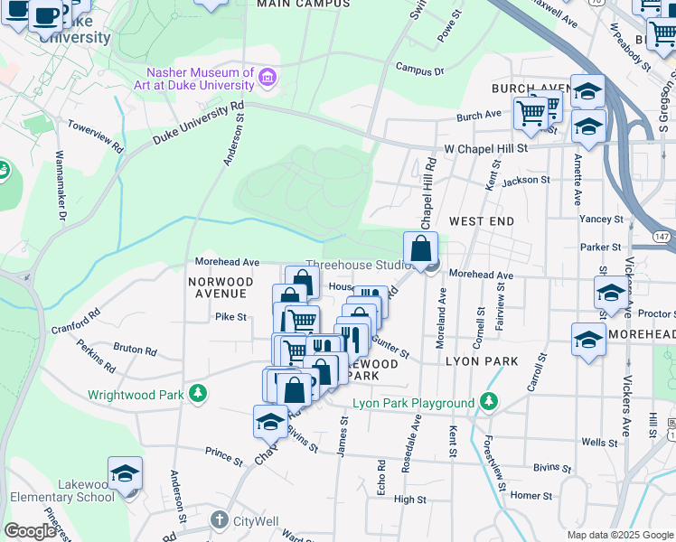 map of restaurants, bars, coffee shops, grocery stores, and more near 1807 Morehead Avenue in Durham
