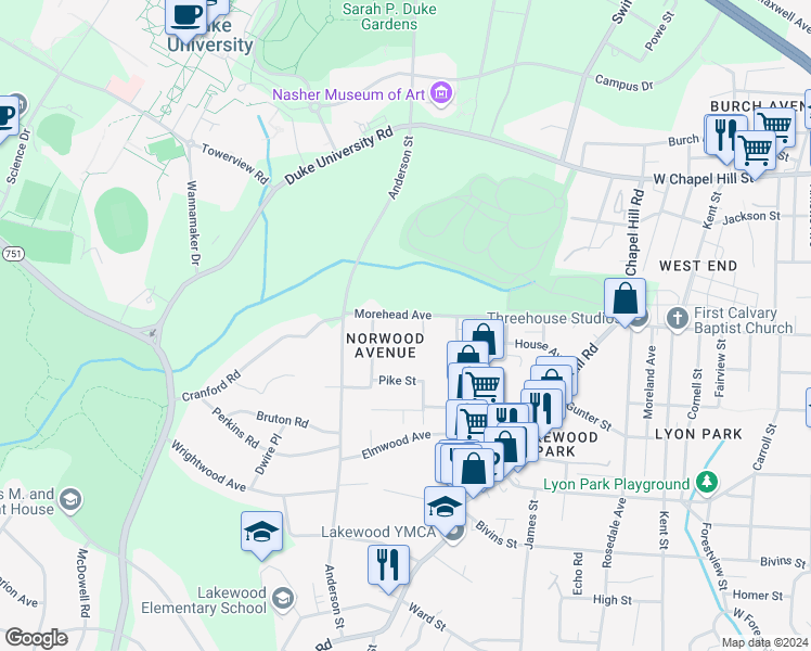 map of restaurants, bars, coffee shops, grocery stores, and more near 2011 Morehead Avenue in Durham