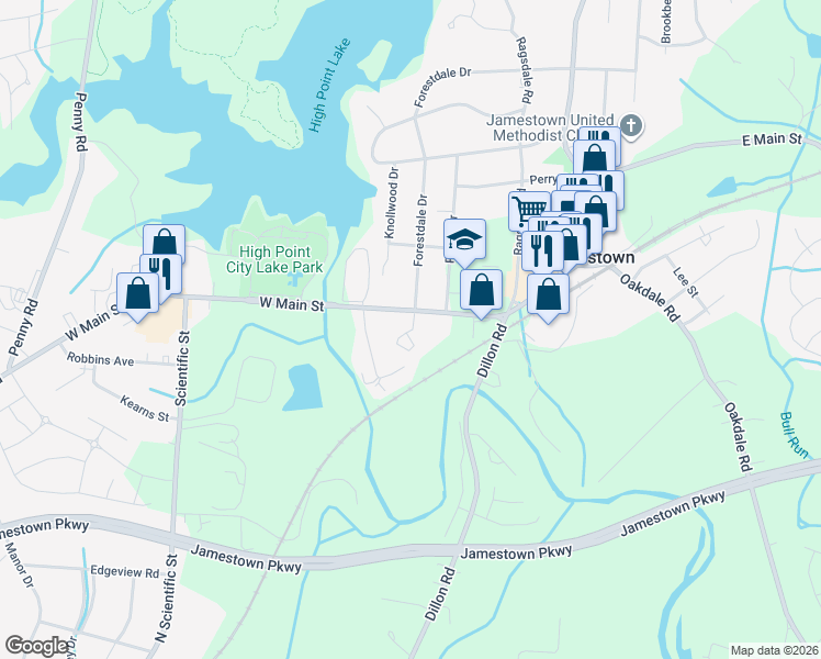 map of restaurants, bars, coffee shops, grocery stores, and more near in Jamestown