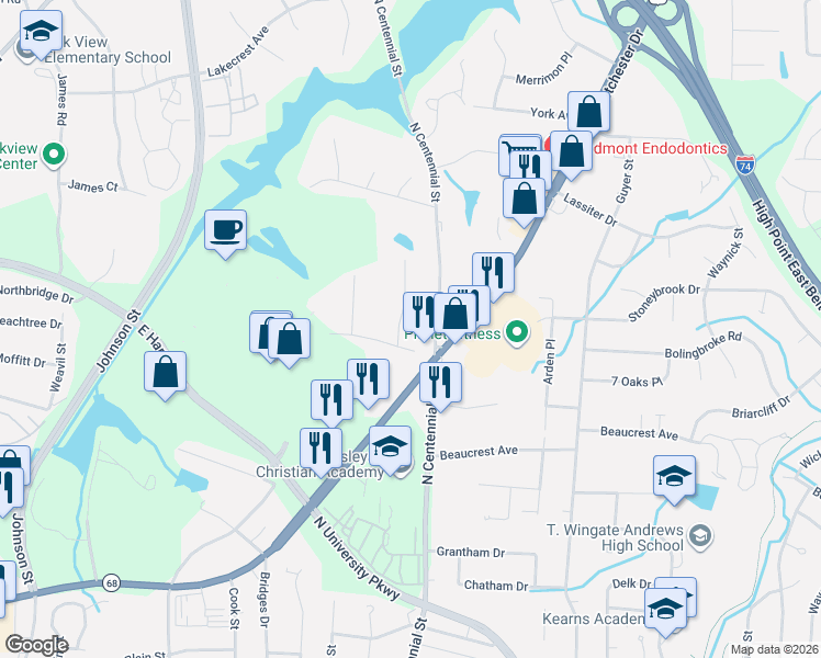 map of restaurants, bars, coffee shops, grocery stores, and more near 2208 Palmer Street in High Point