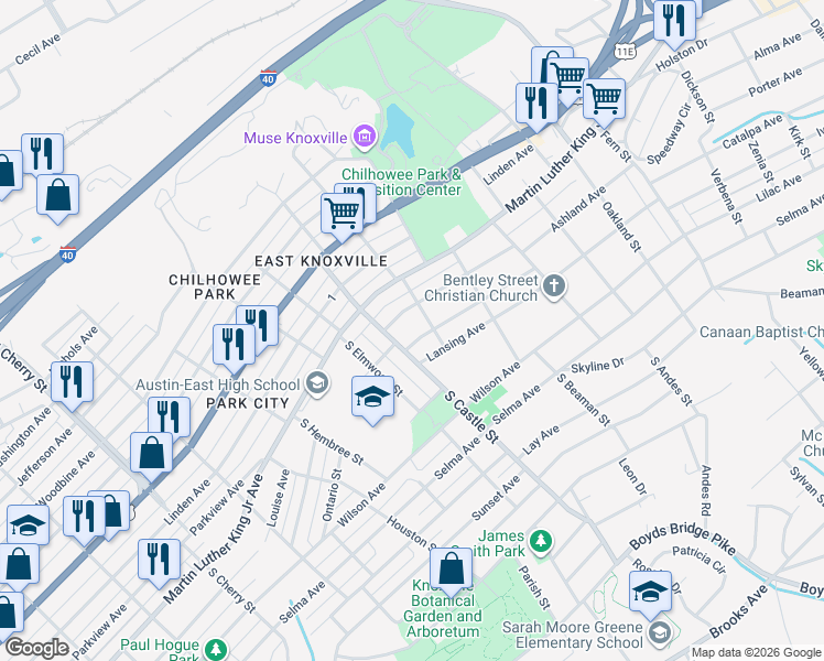 map of restaurants, bars, coffee shops, grocery stores, and more near 3200 Ashland Avenue in Knoxville
