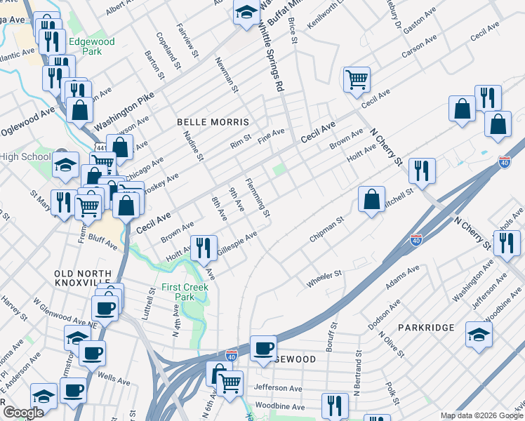map of restaurants, bars, coffee shops, grocery stores, and more near 2009 Hoitt Avenue in Knoxville