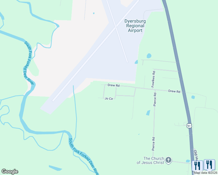 map of restaurants, bars, coffee shops, grocery stores, and more near 634 Drew Road in Dyersburg