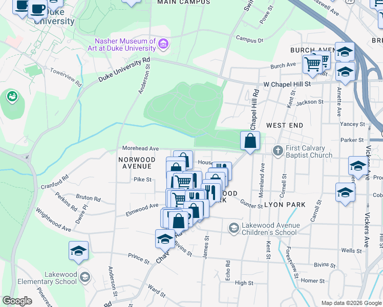map of restaurants, bars, coffee shops, grocery stores, and more near 1901 Morehead Avenue in Durham