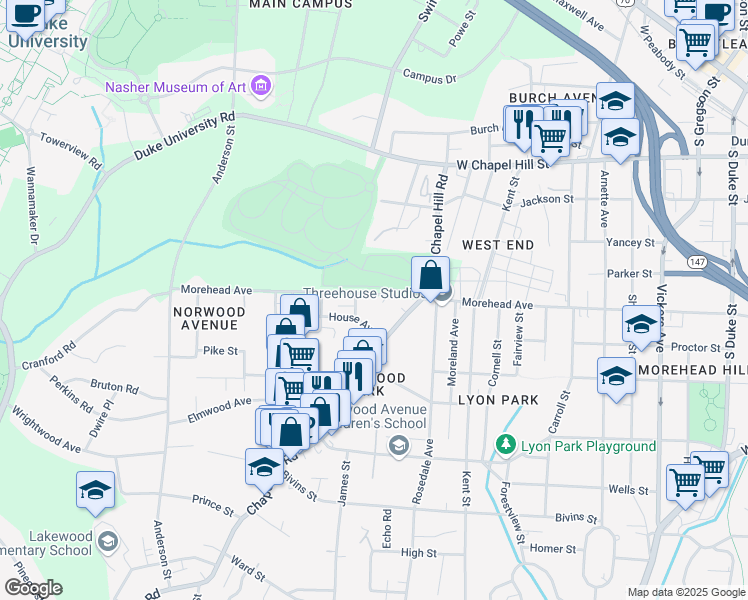 map of restaurants, bars, coffee shops, grocery stores, and more near 1743 Morehead Avenue in Durham
