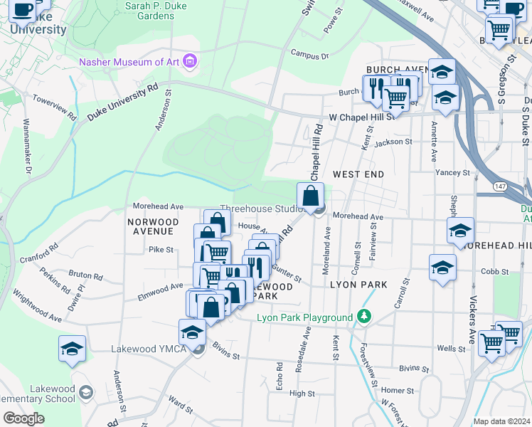 map of restaurants, bars, coffee shops, grocery stores, and more near 1749 Morehead Avenue in Durham