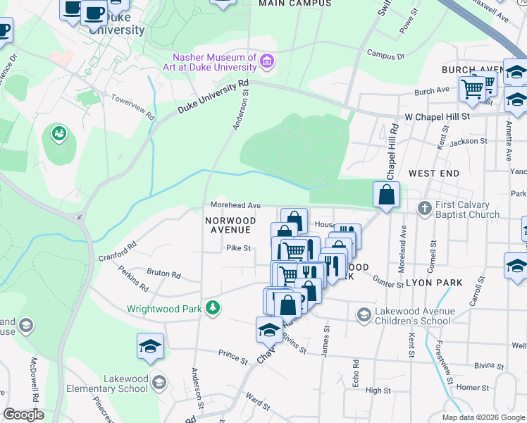 map of restaurants, bars, coffee shops, grocery stores, and more near 2009 Morehead Avenue in Durham
