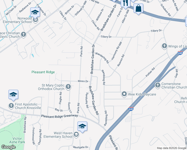 map of restaurants, bars, coffee shops, grocery stores, and more near 1505 Rambling Drive in Knoxville