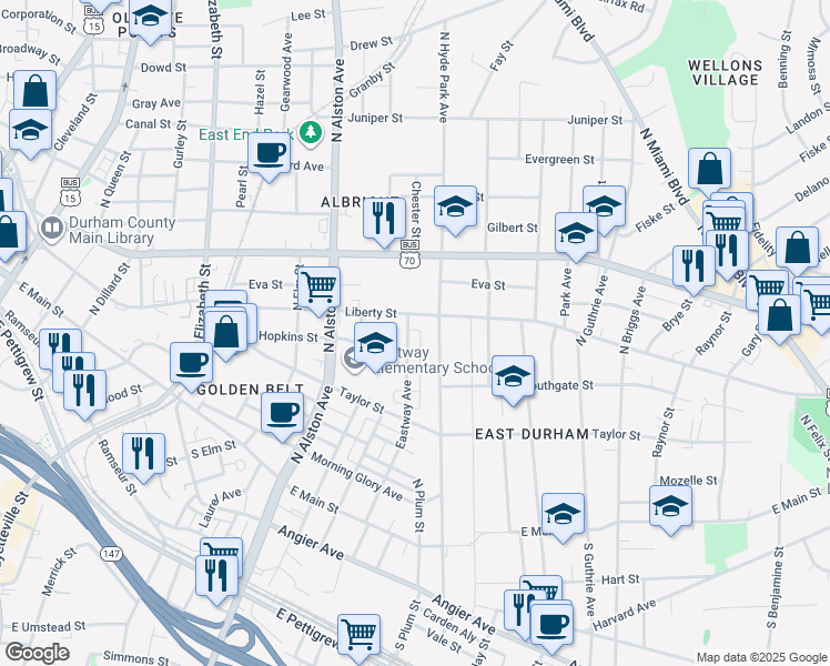 map of restaurants, bars, coffee shops, grocery stores, and more near 618 Eastway Avenue in Durham
