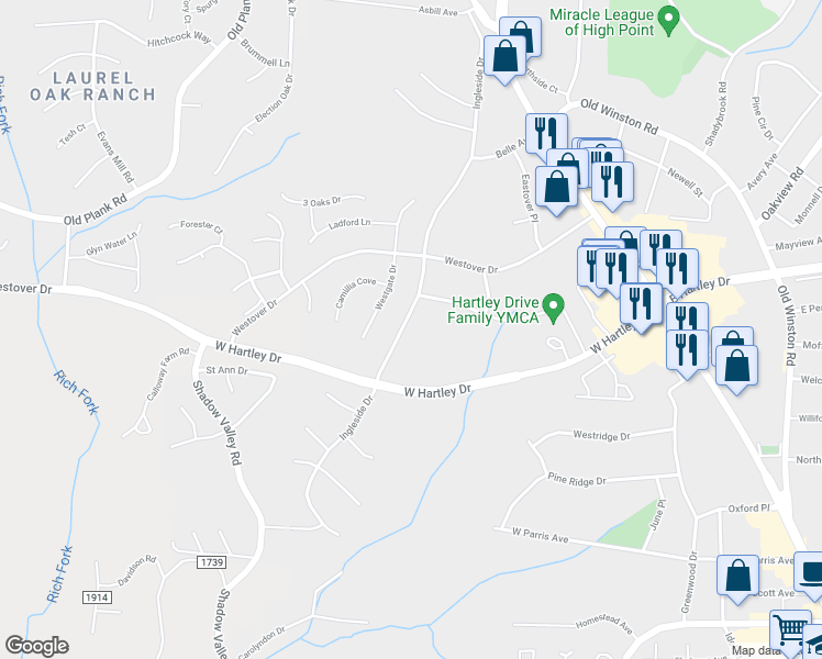 map of restaurants, bars, coffee shops, grocery stores, and more near 2706 Ingleside Drive in High Point