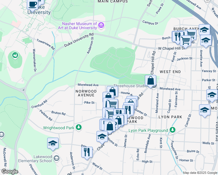 map of restaurants, bars, coffee shops, grocery stores, and more near 1939 Morehead Avenue in Durham