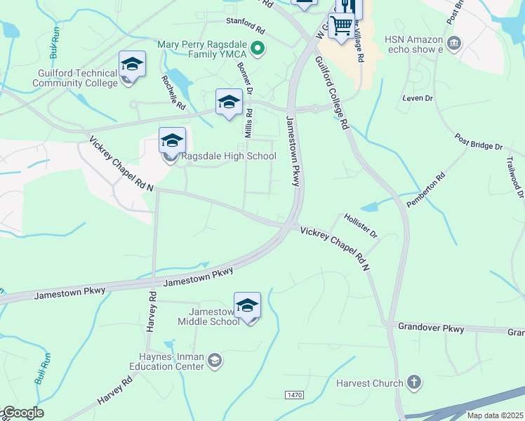 map of restaurants, bars, coffee shops, grocery stores, and more near 4603 Vickrey Chapel Road North in Greensboro
