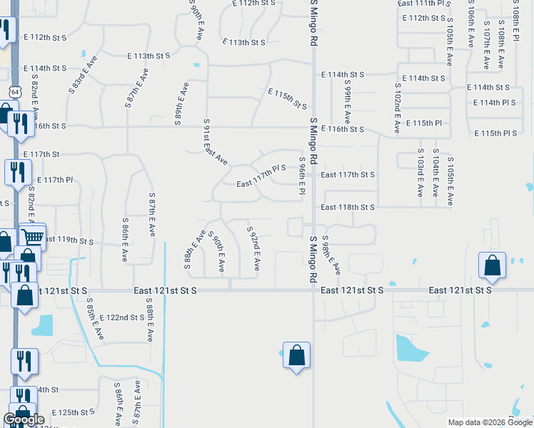 map of restaurants, bars, coffee shops, grocery stores, and more near 9406 East 118th Place South in Bixby