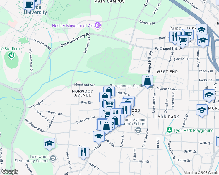 map of restaurants, bars, coffee shops, grocery stores, and more near 1925 Morehead Avenue in Durham