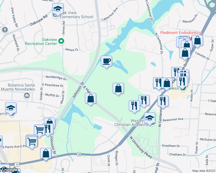 map of restaurants, bars, coffee shops, grocery stores, and more near 1070 Mall Loop Road in High Point