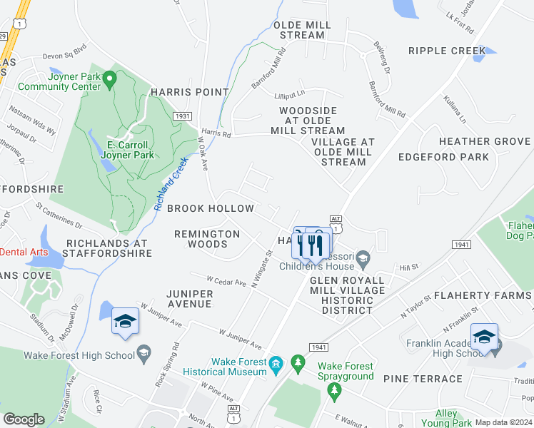 map of restaurants, bars, coffee shops, grocery stores, and more near 326 West Chestnut Avenue in Wake Forest