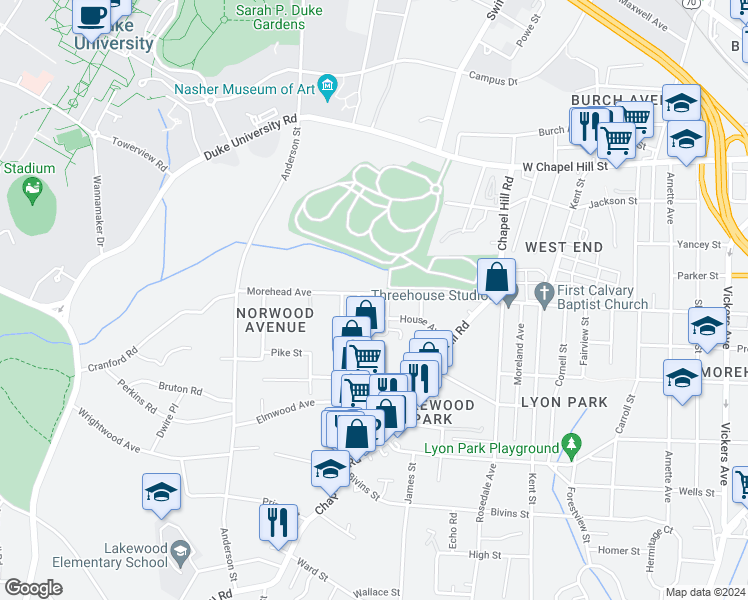 map of restaurants, bars, coffee shops, grocery stores, and more near 1915 Morehead Avenue in Durham