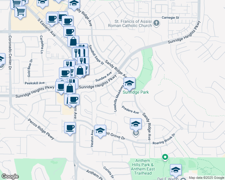 map of restaurants, bars, coffee shops, grocery stores, and more near 2459 Silver Blossom Lane in Henderson