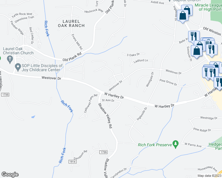 map of restaurants, bars, coffee shops, grocery stores, and more near 849 Westover Drive in High Point