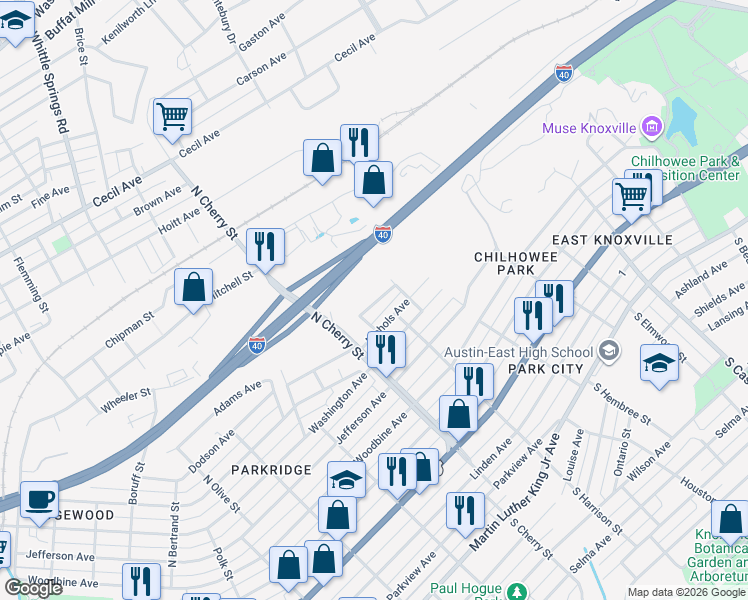map of restaurants, bars, coffee shops, grocery stores, and more near 2641 Summit Avenue in Knoxville