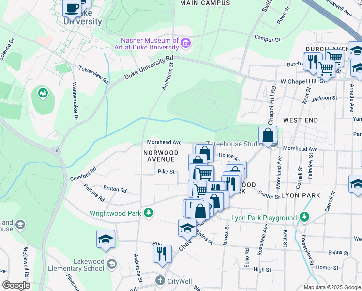map of restaurants, bars, coffee shops, grocery stores, and more near 2011 Morehead Avenue in Durham