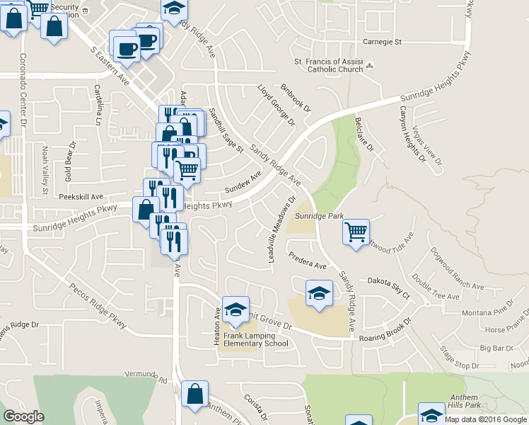 map of restaurants, bars, coffee shops, grocery stores, and more near 2457 Silver Swan Court in Henderson