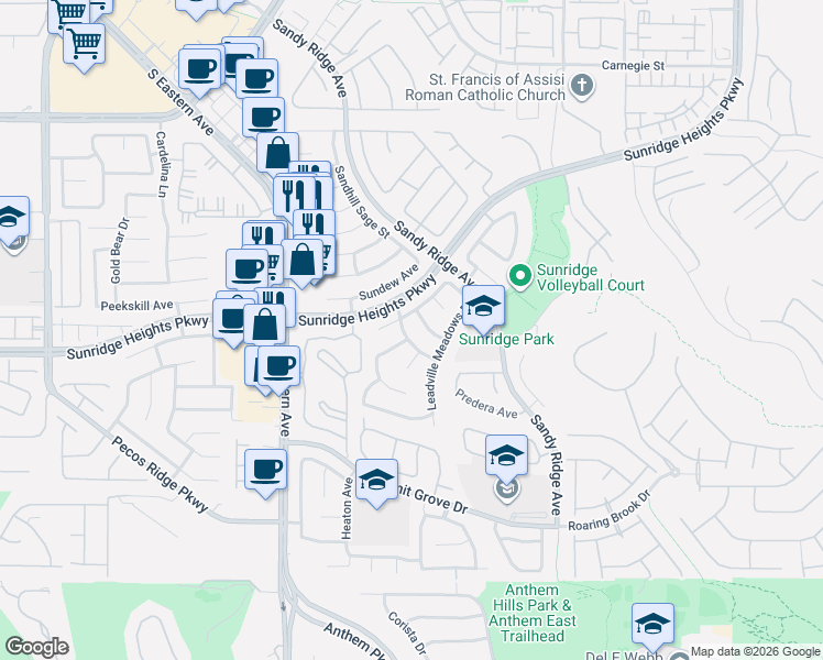 map of restaurants, bars, coffee shops, grocery stores, and more near 25 Sheltered Meadows Lane in Henderson