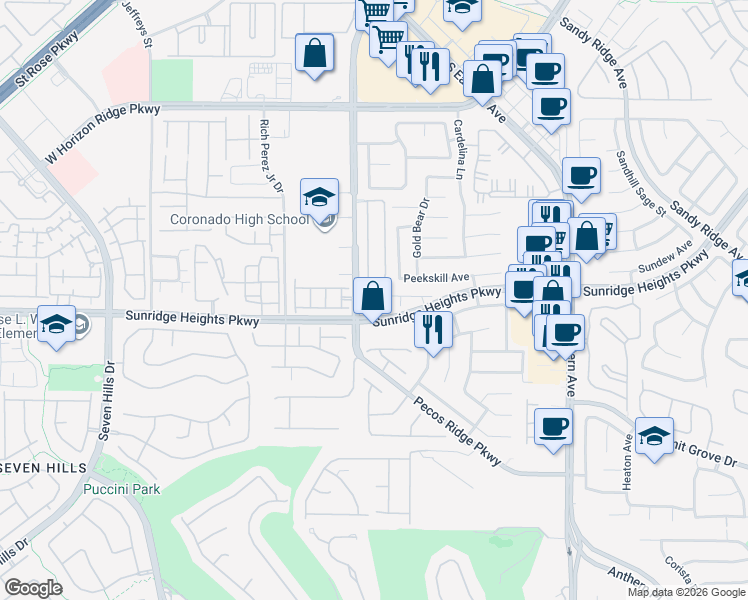map of restaurants, bars, coffee shops, grocery stores, and more near 1078 Coronado Center Drive in Henderson