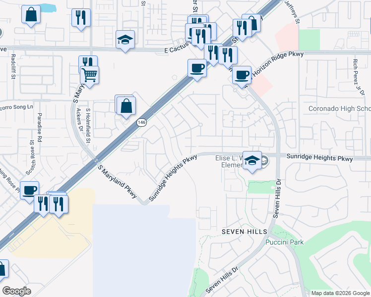 map of restaurants, bars, coffee shops, grocery stores, and more near 985 Bluebell Brook Street in Henderson