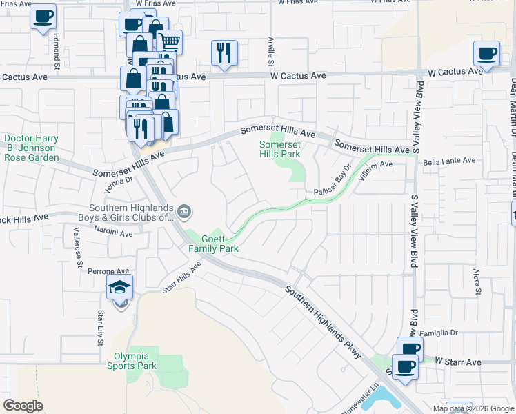 map of restaurants, bars, coffee shops, grocery stores, and more near 4434 Via Bianca Avenue in Las Vegas