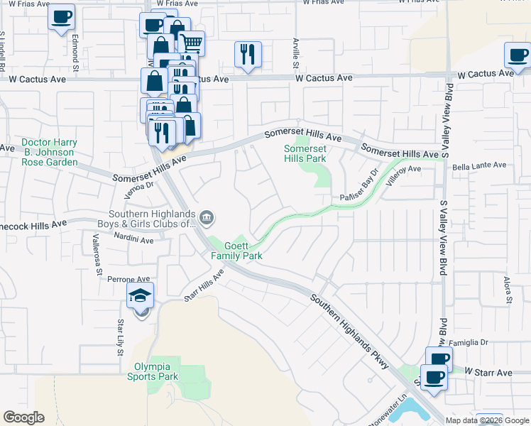 map of restaurants, bars, coffee shops, grocery stores, and more near 4434 Via Bianca Avenue in Las Vegas