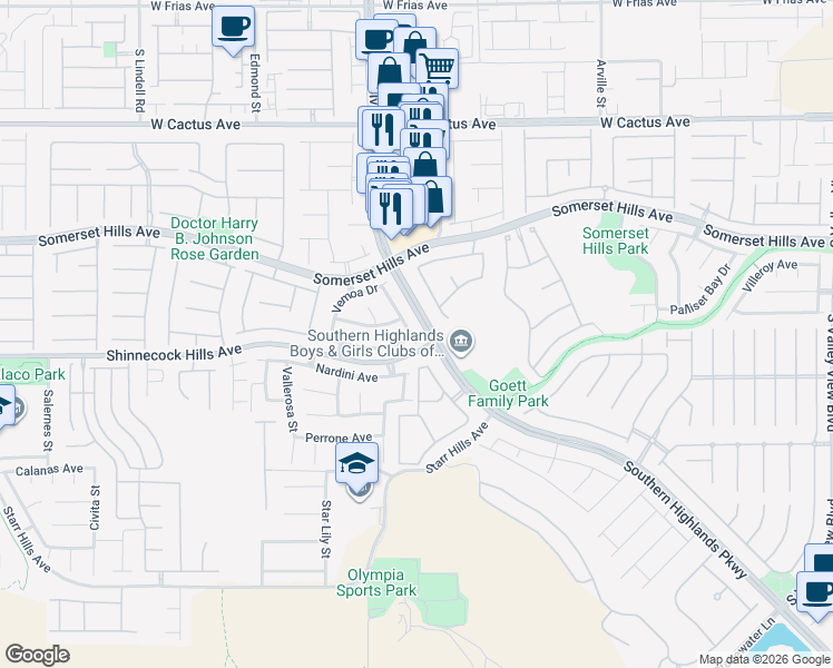 map of restaurants, bars, coffee shops, grocery stores, and more near 10852 Scamadella Street in Las Vegas