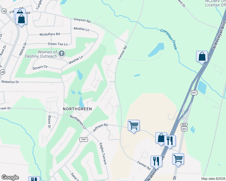 map of restaurants, bars, coffee shops, grocery stores, and more near 116 Butternut Court in Rocky Mount