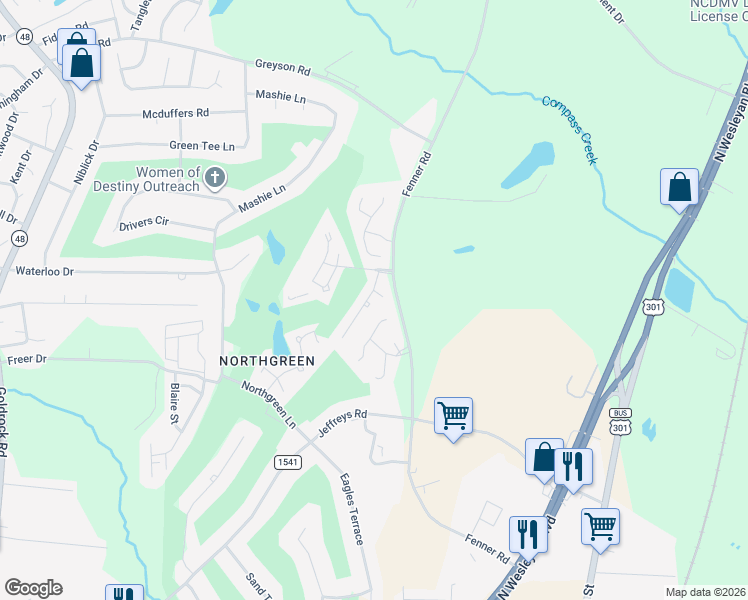 map of restaurants, bars, coffee shops, grocery stores, and more near 116 Butternut Court in Rocky Mount