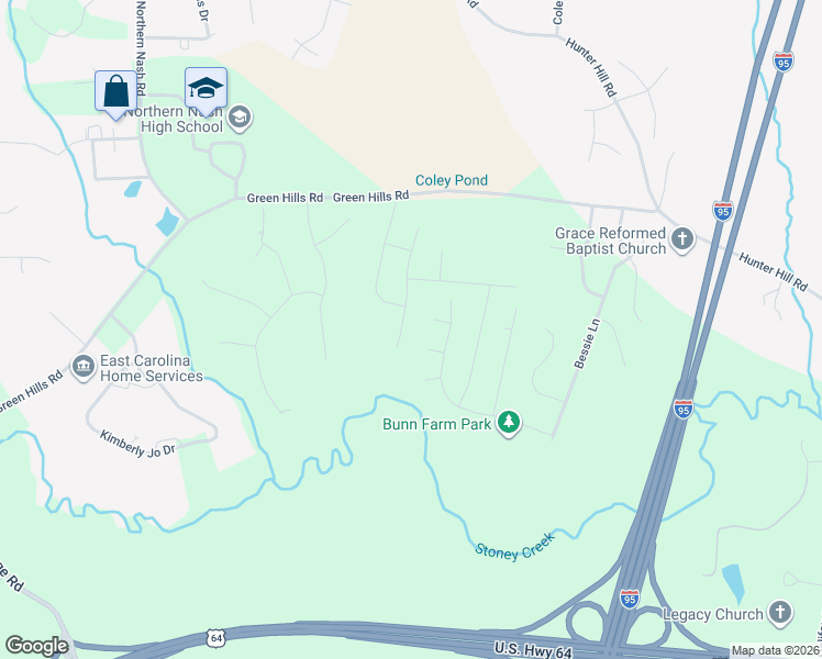 map of restaurants, bars, coffee shops, grocery stores, and more near 4405 Northstar Court in Rocky Mount