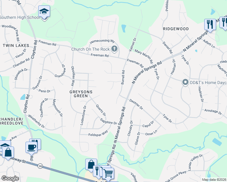 map of restaurants, bars, coffee shops, grocery stores, and more near 5 Moonstone Court in Durham