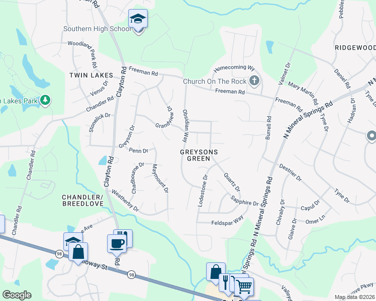 map of restaurants, bars, coffee shops, grocery stores, and more near 736 Obsidian Way in Durham